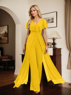 Combinaison-pantalon robe de soirée longue en mousseline à col en V
