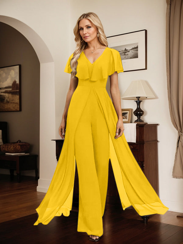 Combinaison-pantalon robe de soirée longue en mousseline à col en V