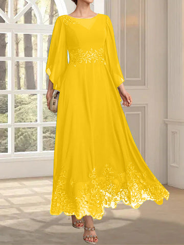 A-line Scoop Illusion Ankle-Length Lace Chiffon Mother of the Bride Dress With Sequins