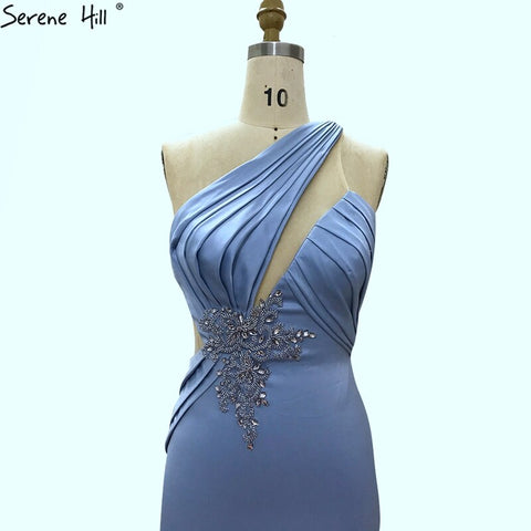 Robe de soirée sirène bleu clair à une épaule, en satin, sans manches, avec perles et lacets, LA70578 