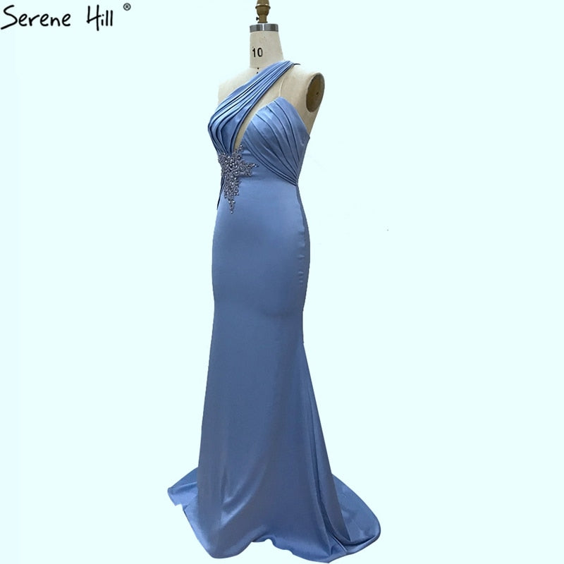 Light Blue Mermaid One Shoulder Evening Dresses 2025 Satin Sleeveless Beading Lace Up Formal Dress LA70578