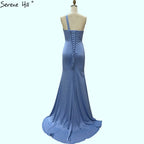 Light Blue Mermaid One Shoulder Evening Dresses 2025 Satin Sleeveless Beading Lace Up Formal Dress LA70578