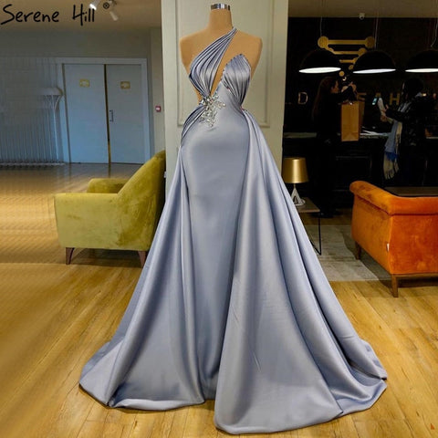 Robe de soirée sirène bleu clair à une épaule, en satin, sans manches, avec perles et lacets, LA70578 