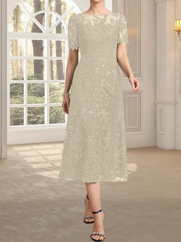 Robe de mère de la mariée en dentelle à sequins, coupe trapèze, décolleté illusion, longueur thé