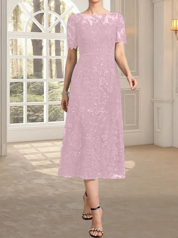 Robe de mère de la mariée en dentelle à sequins, coupe trapèze, décolleté illusion, longueur thé