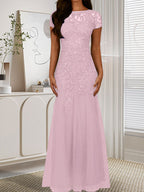 Robe sirène bleu marine foncé à sequins et tulle, décolleté rond, robe en tulle bleu marine foncé