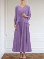 Vestido de corte A, escote en V, largo hasta el tobillo, de gasa, para la madre de la novia, con apliques de lentejuelas, encaje y pedrería.