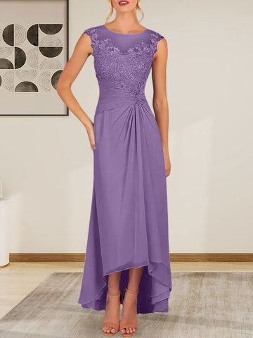 Champagne A-Line Scoop Lace Chiffon Dress