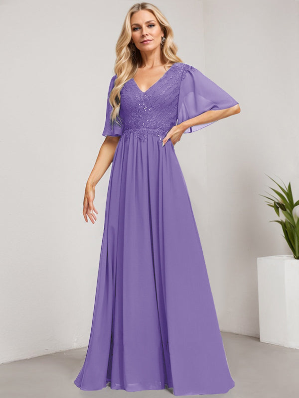 Vestido de novia de corte A, escote en V, largo hasta el suelo, de gasa de encaje con lentejuelas para la madre de la novia 