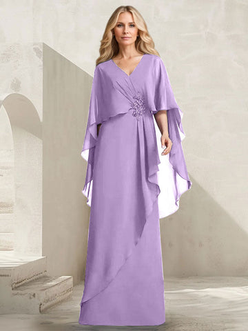 A-line V-Neck Floor-Length Chiffon Mother of the Bride Dress With Cascading Ruffles Beading