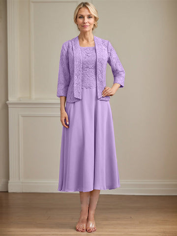 A-line Scoop Tea-Length Lace Chiffon Mother of the Bride Dress