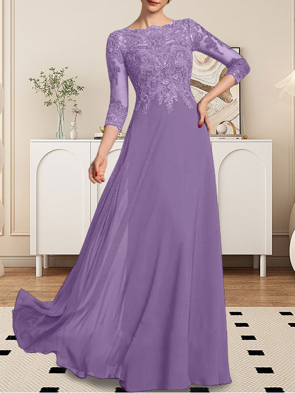 Vestido de novia de corte línea A, escote redondo, largo hasta el suelo, de encaje y gasa con lentejuelas.