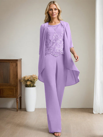 Separates Jumpsuit/Pantsuit Scoop Floor-Length Chiffon Lace Mother of the Bride Dress With Beading Sequins