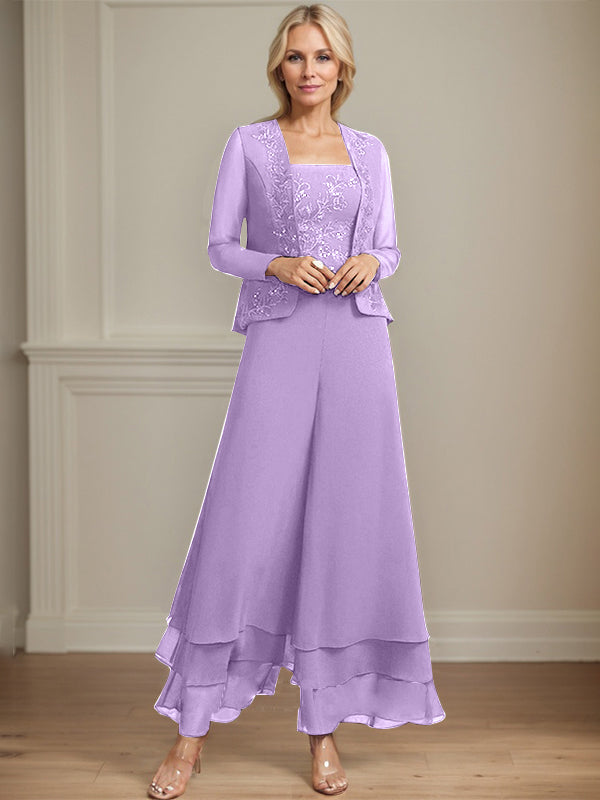 Conjunto de pantalón y chaqueta de dos piezas, corte cuadrado, largo hasta el tobillo, encaje, gasa, vestido de madre de la novia con lentejuelas 