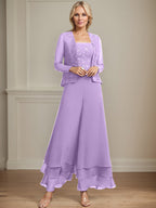 Conjunto de pantalón y chaqueta de dos piezas, corte cuadrado, largo hasta el tobillo, encaje, gasa, vestido de madre de la novia con lentejuelas 
