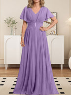 Vestido de gasa de corte A, escote en V, largo hasta el suelo, para la madre de la novia, con broche de cristal y pliegues. 
