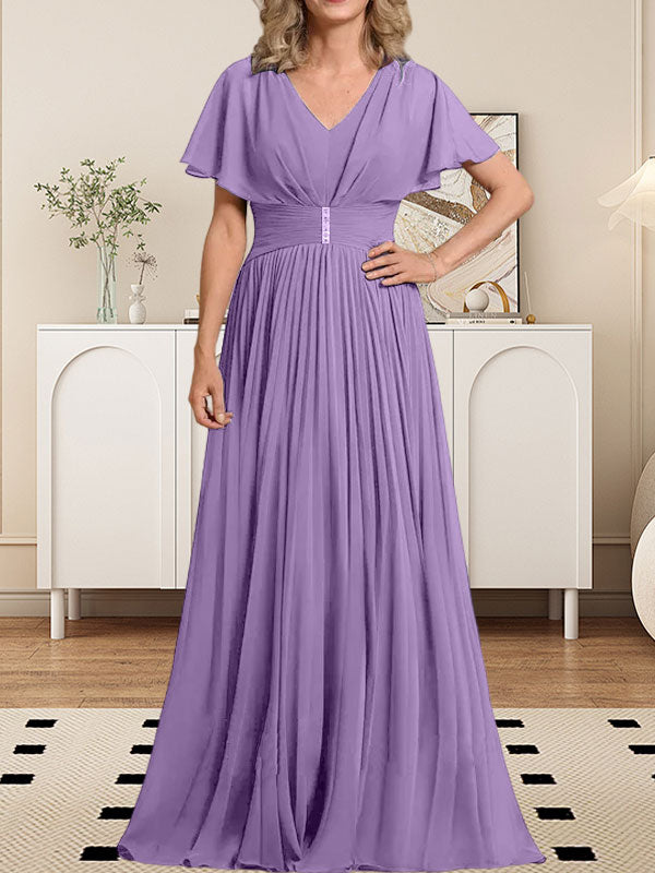 Vestido de gasa de corte A, escote en V, largo hasta el suelo, para la madre de la novia, con broche de cristal y pliegues. 