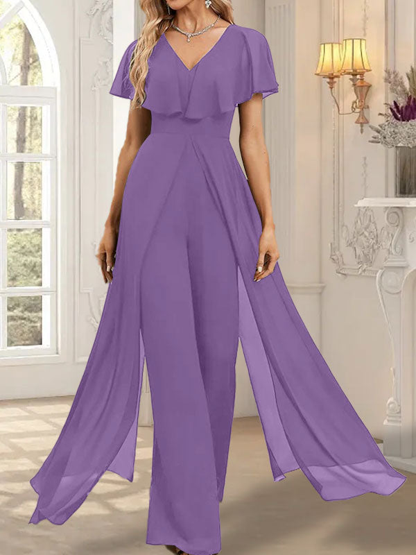 Combinaison-pantalon robe de soirée longue en mousseline à col en V