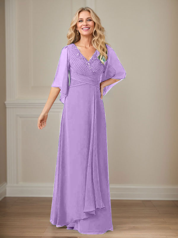 Robe de mère longue en mousseline à sequins, coupe trapèze et col en V