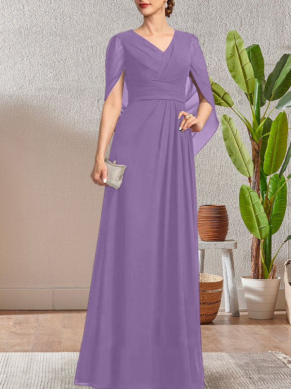 Vestido largo azul marino oscuro de corte A con escote en V para la madre de la novia