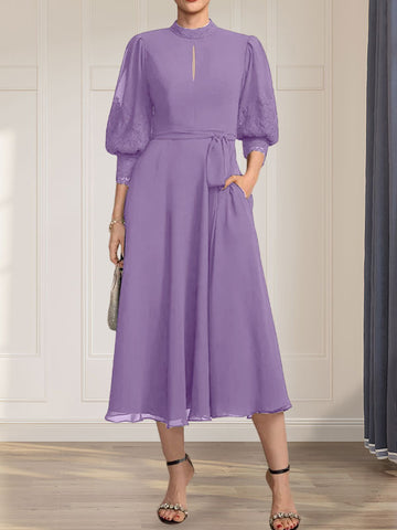 A-line High Neck Tea-Length Lace Chiffon Mother of the Bride Dress With Bow