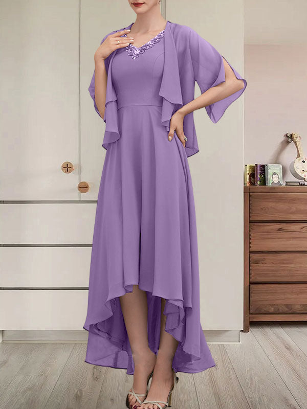 Vestido de corte A, escote en V, asimétrico, de gasa, para la madre de la novia, con lentejuelas y pedrería.