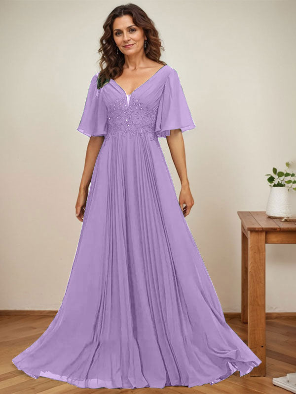 Vestido de corte A, escote en V, largo hasta el suelo, de gasa, para la madre de la novia, con apliques de lentejuelas y encaje plisado. 