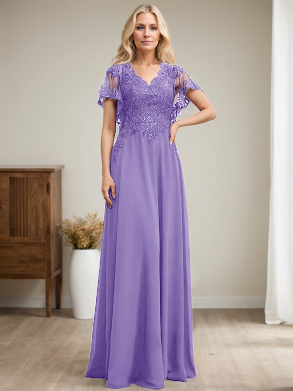 Vestido de novia de corte A, escote en V, largo hasta el suelo, de gasa de encaje con lentejuelas para la madre de la novia 