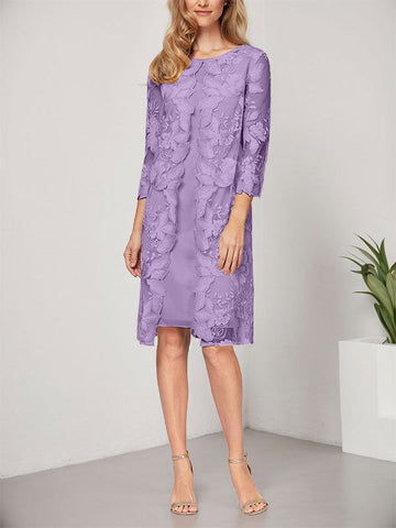 Vestido de corte A, escote redondo, largo hasta la rodilla, de gasa y encaje, para la madre de la novia, con chaqueta. 