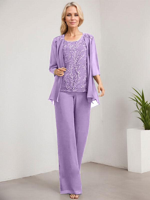 Vestido de novia de gasa con encaje y lentejuelas, estilo mono/pantalón, largo hasta el suelo, con escote redondo.