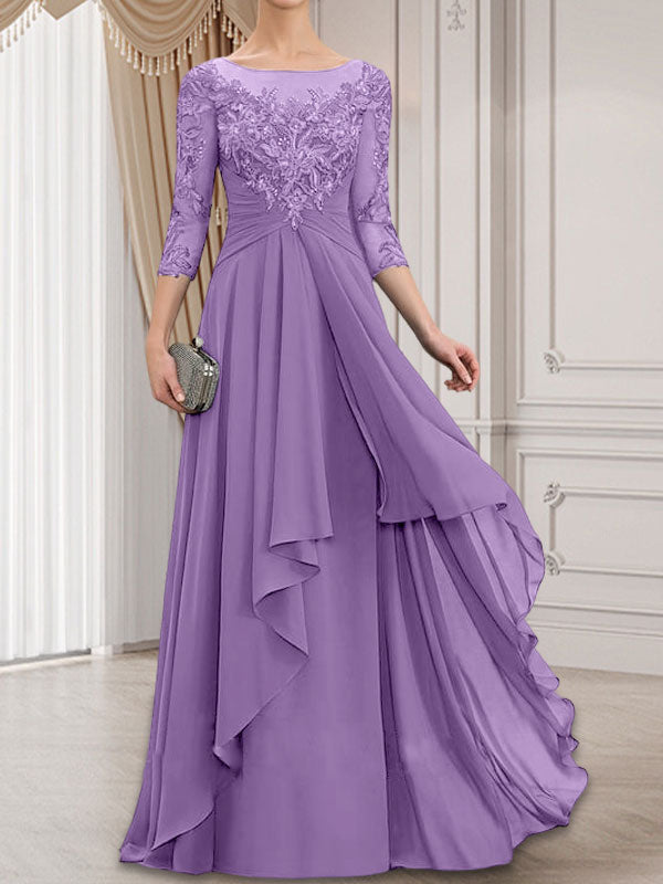 Vestido de novia de corte línea A, escote redondo ilusión, largo hasta el suelo, de gasa de encaje con volantes en cascada.
