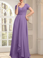 Vestido de corte A, escote corazón, largo hasta el suelo, de gasa, encaje, con cuentas y volantes en cascada para la madre de la novia.