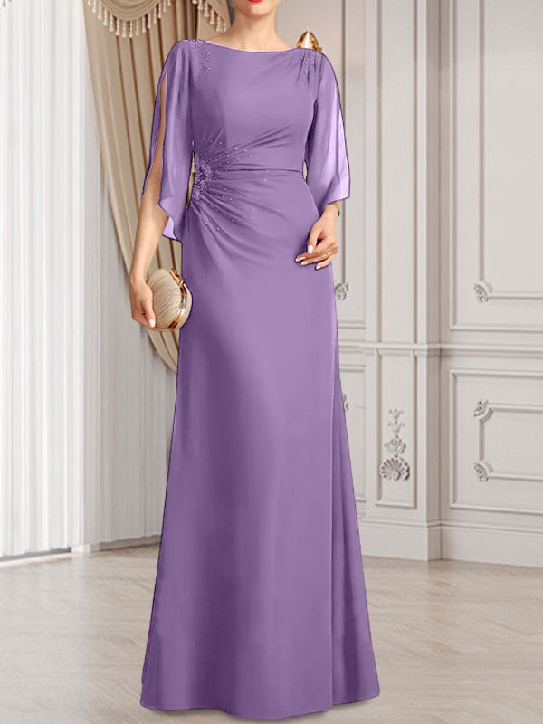 Vestido de corte recto/columna, largo hasta el suelo, de gasa, para la madre de la novia, con plisados ​​y cuentas.