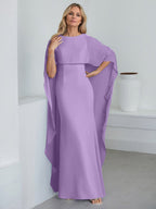 Robe fourreau longue en mousseline de soie pour la mère de la mariée, ornée de volants cascade, avec décolleté arrondi. 