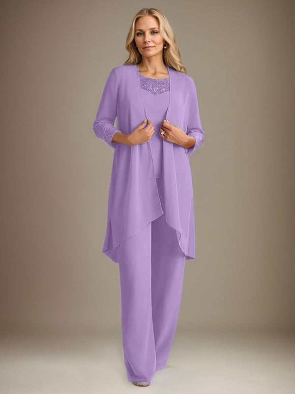 Traje pantalón de gasa con escote redondo y mangas largas para la madre de la novia, con chaqueta. 
