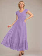 Vestido de gasa de corte evasé, escote en V, largo hasta el tobillo, para la madre de la novia, con apliques de lentejuelas. 