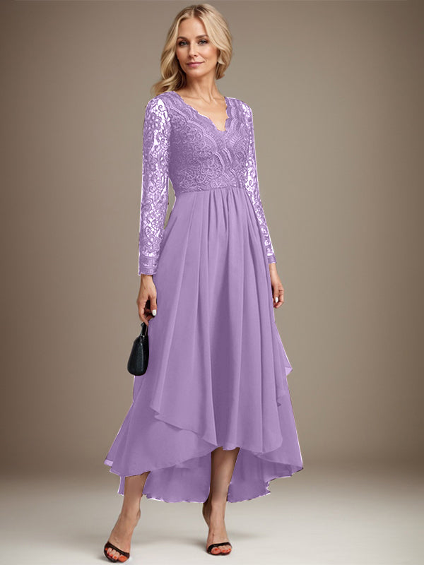 Vestido de novia de gasa con encaje asimétrico, escote en V y corte en A para la madre de la novia 