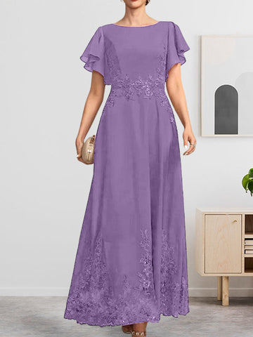 A-line Scoop Ankle-Length Lace Chiffon Mother of the Bride Dress With Sequins