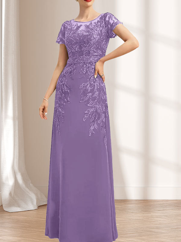 Robe de mère de la mariée en mousseline de dentelle, coupe fourreau/colonne, décolleté illusion, longueur au sol, ornée de sequins
