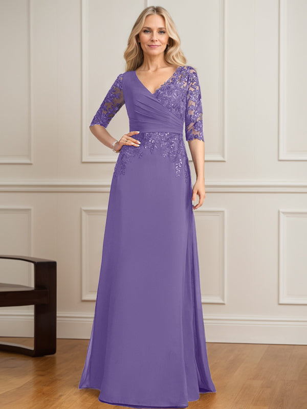 Vestido de novia de corte A, escote en V, largo hasta el suelo, de gasa de encaje con lentejuelas plisadas. 
