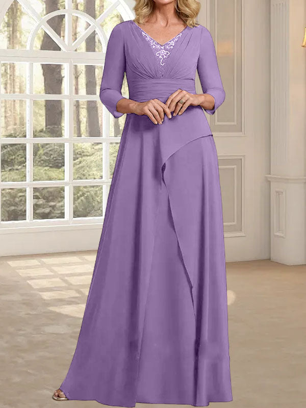 Vestido de gasa de corte A, escote en V, largo hasta el suelo, para la madre de la novia, con plisados ​​y cuentas.