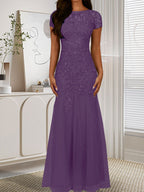 Robe sirène bleu marine foncé à sequins et tulle, décolleté rond, robe en tulle bleu marine foncé