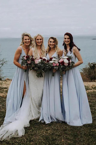 Chiffon A-line V-neck Long Bridesmaid Dresses With Slit