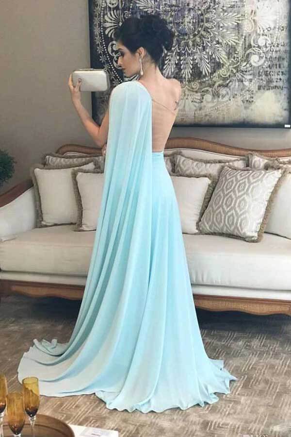Vestido de dama de honor azul claro de gasa con un solo hombro, vestido para fiesta de boda 