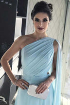 Vestido de dama de honor azul claro de gasa con un solo hombro, vestido para fiesta de boda 