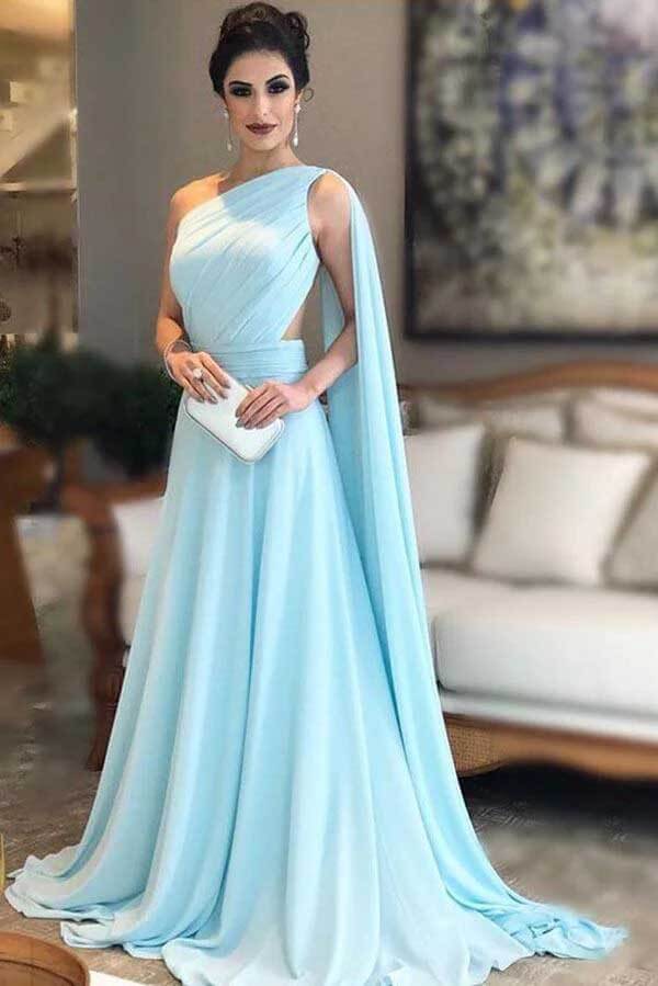 Vestido de dama de honor azul claro de gasa con un solo hombro, vestido para fiesta de boda 