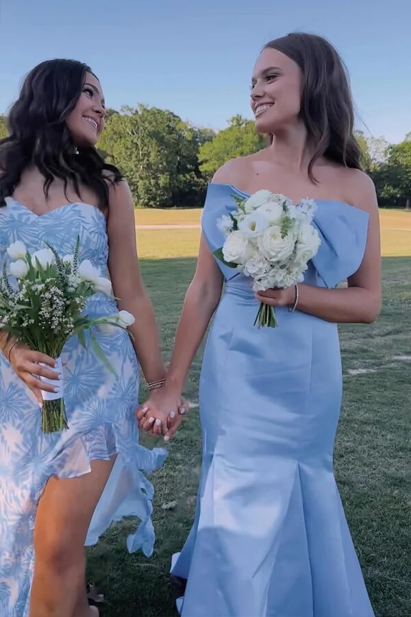 Robe de demoiselle d'honneur bleu clair sirène bustier longueur thé avec nœud 