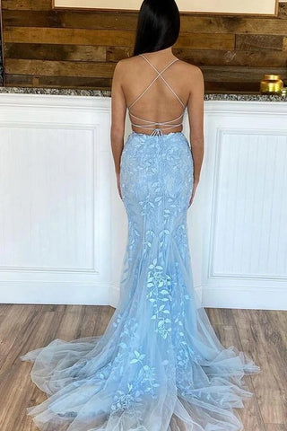 Robe de bal sirène deux pièces bleu clair à col rond et applications de dentelle