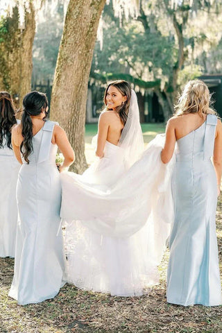 Vestido largo de dama de honor azul claro, corte sirena, de satén, con un solo hombro, BD133