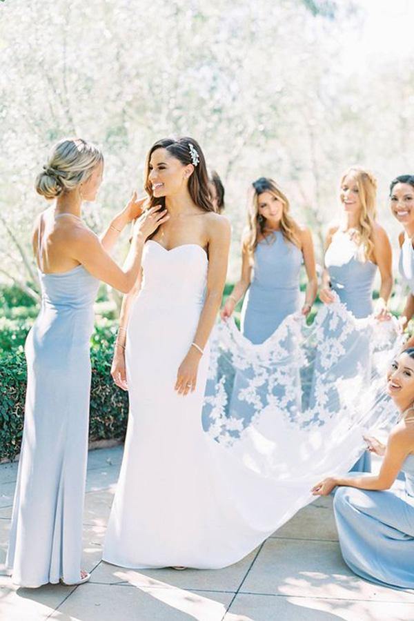 Vestido de dama de honor azul claro satinado con escote halter, vestido para fiesta de bodas 